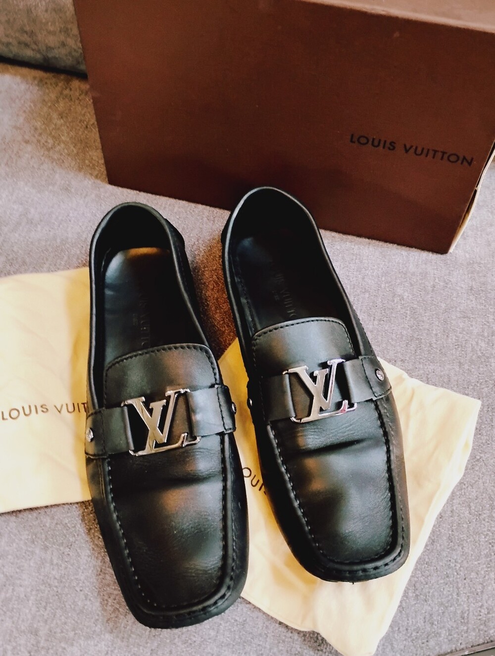 Louis Vuitton Mens Loafers Black Leather Gun Metal LV